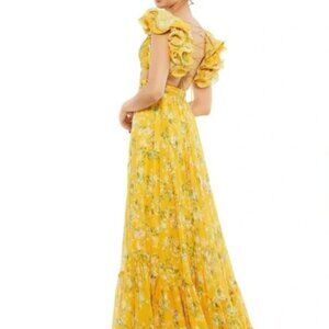 Mac Duggal Yellow Ruffle Tiered Floral Cut-Out Chiffon Gown. NWT